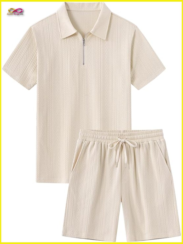 Men's 2 Piece Short Set Casual Quarter Zip Polo And Shorts Summer Athletic
